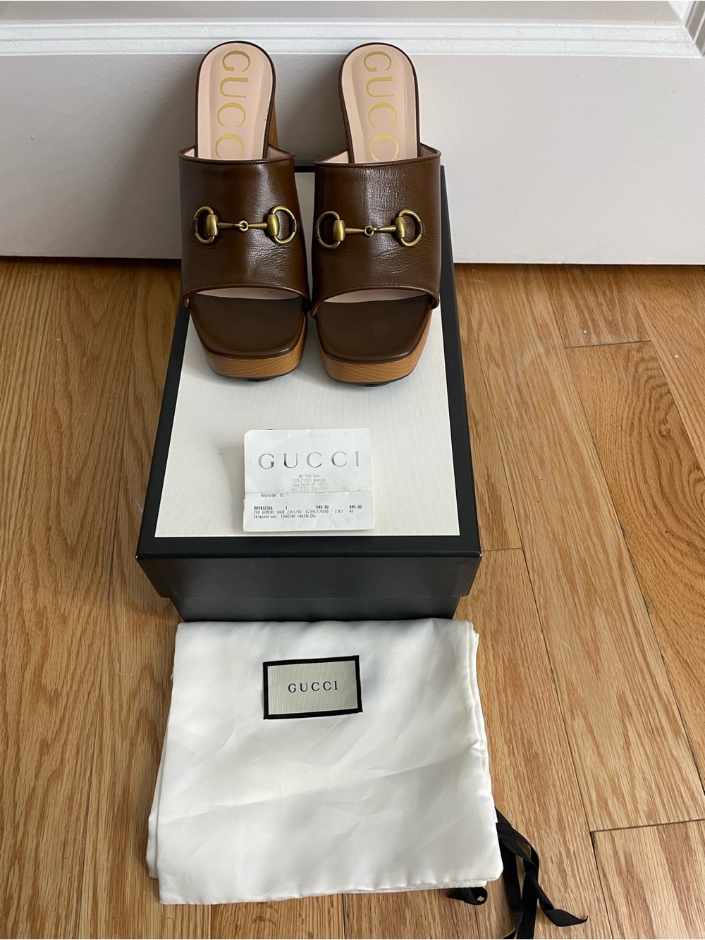 Gucci Brown Leather Gold Horsebit Platform Mules